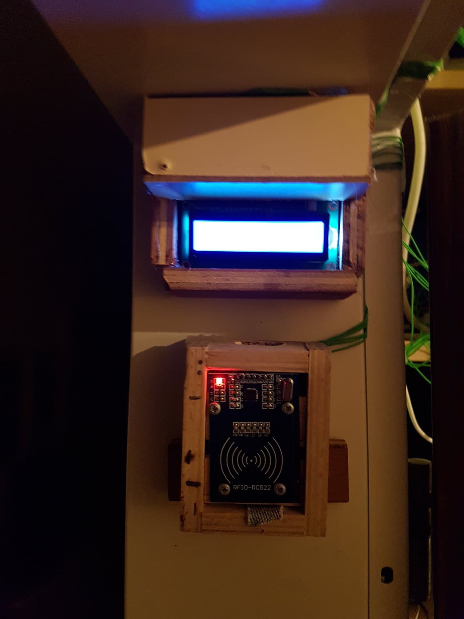 RFID access system — card reader and LCD in hand-built wooden housing