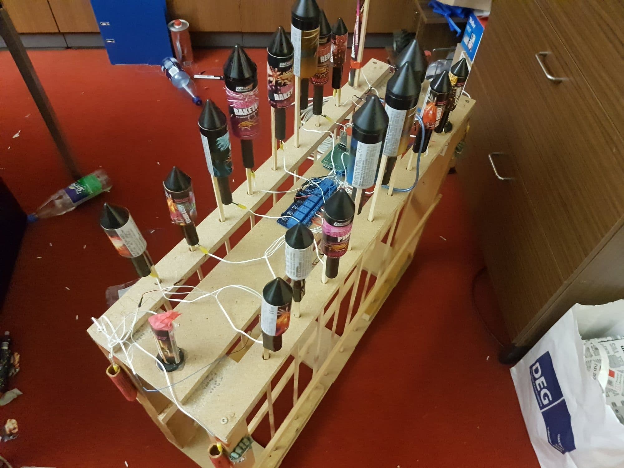 Rocket launcher — fireworks loaded, wired with electric igniters