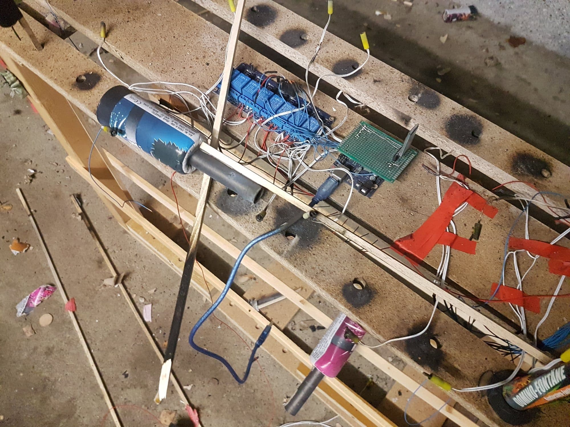 Rocket launcher aftermath — spent rockets in the garage