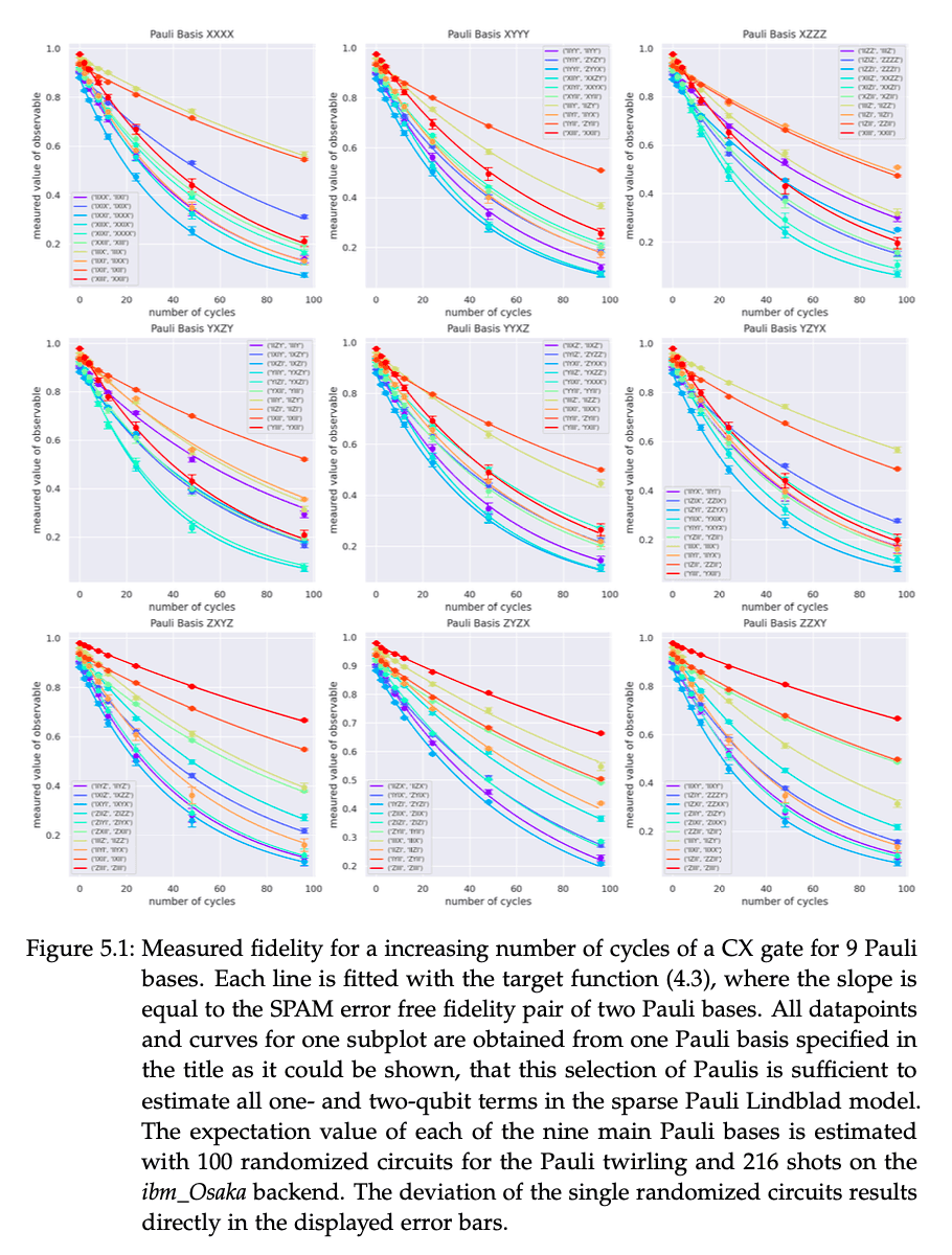Exponential fidelity decay curves measured on IBM Osaka for 9 Pauli bases