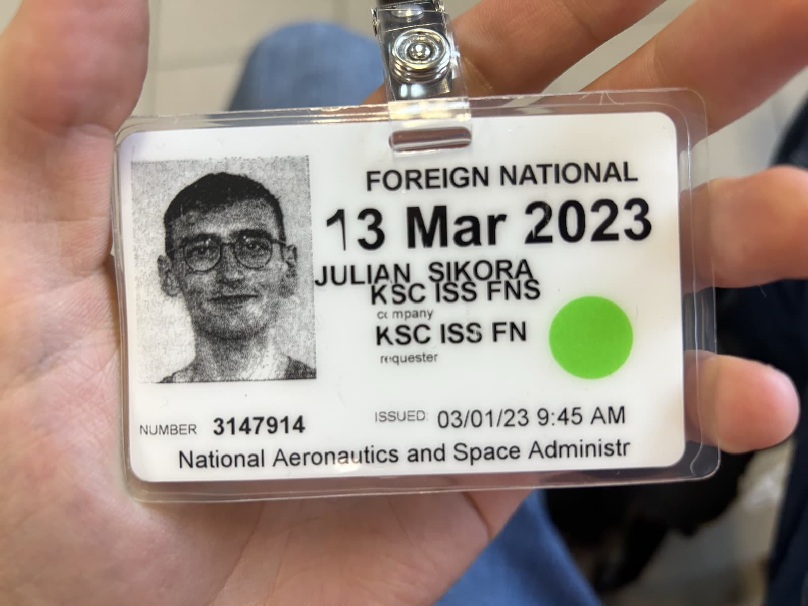 NASA Kennedy Space Center badge for Julian Sikora